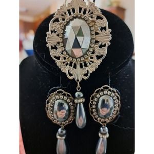 Victorian Revival Hematite-Like Canachons Dangles Rhinestone Brooch And Earrings